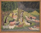 Krishna Summoning the Cows, Pahari painting, Bilaspur, 18th century