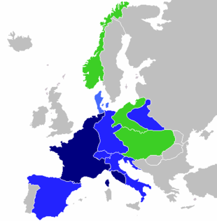 Map of Europe. French Empire shown as bigger than present day France as it included parts of present-day Netherlands and Italy.