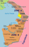 Fristatsområdet 1945–1954. Zon A administrerades av Storbritannien och USA, zon B av Jugoslavien