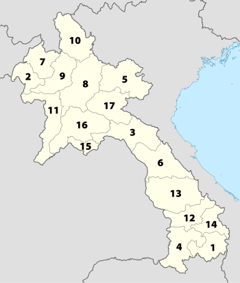 Nummerert kart som viser provinsinndelingen av Laos