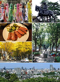 From top left: Sendai Tanabata Festival, Statue of Date Masamune, Gyutan, Jozenji St. in Summer, Jozenji St. in Autumn, Skyline of Sendai.