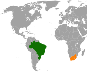 Mapa indicando localização do Brasil e da África do Sul.