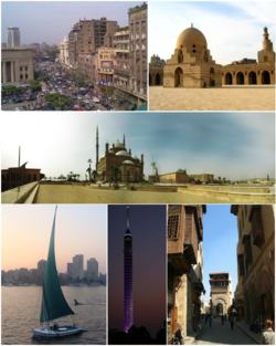 Top left: Cairo Ceety Centre; top richt: Ibn Tulun Mosque; Middle: Cairo Citadel; Bottom left: Nile Felucca; Bottom middle: Cairo Touer; Bottom richt: Muizz Street