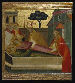 Lorenzo di Niccolò, Saint Lawrence Buried in Saint Stephen's Tomb, 1410–1414, tempera and tooled gold on poplar, 33 × 36 cm