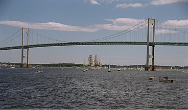 The bridge with a ship passing underneath the main span