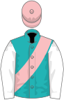 Green, pink sash, white sleeves, pink cap