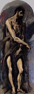 El Greco, Johano la baptisto, 212 × 78 cm, 1577–1579, Monaĥejo de Santo Domingo de Silos (el Antiguo) en Toledo.