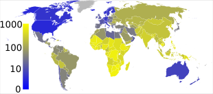 خريطة العالم مع دول جنوب الصحراءالافريقية الكبرى في ظلال مختلفة من اللون الأصفر، تشير إلى معدلات انتشار اعلى من 300 كل 000 100 نسمة، ومع الولايات المتحدة وكندا، وأستراليا، وشمال أوروبا في ظلال من اللون الأزرق الداكن، تشير إلى معدلات انتشار حوالي 10 كل 000 100 نسمة. آسيا بالون الأصفر الفاتح بمعدل انتشار حوالي 200 إصابة لكل 100,000. أمريكا الجنوبية بلون أصفر أكثر قتامة.