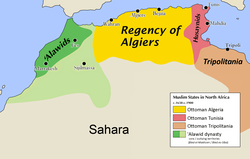 Map of North Africa. The regency of Algiers is colored light brown, at center top, Husaynid Tunisia, maroon, and Tripolitania dark brown. The core territory of the 'Alawid dynasty at center left is dark green, and its outlying territories light green.