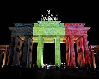 Lit up with the colours of the Belgian flag after the 2016 Brussels bombings