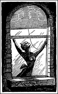 A black-and-white drawing of woman opening a window.