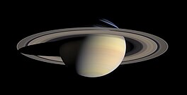 Saturnus in natuurlike kleuren, fotografeerd deur ruumtesonde Cassini van 6,3 miljoen km ofstaand.