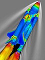 SSLV at Mach 2.46 and 66,000 feet (20,000 m). The surface of the vehicle is colored by the pressure coefficient, and the gray contours represent the density of the surrounding air, as calculated using the OVERFLOW codes.