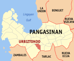 Map of Pangasinan with Urbiztondo highlighted