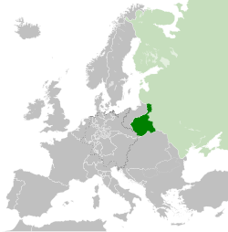 คองเกรสโปแลนด์ในประมาณ ค.ศ. 1815 ภายหลังการประชุมใหญ่แห่งเวียนนา สีเขียวอ่อนคือจักรวรรดิรัสเซีย