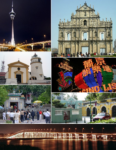 Clockwise from top right: Ruins of St. Paul's; Casino Lisboa; St Joseph Seminary Church; Governor Nobre de Carvalho Bridge; A-Ma Temple; Guia Fortress; Macau Tower.