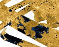 Image 17Titan's north polar hydrocarbon seas and lakes, as seen in a false-color Cassini synthetic aperture radar mosaic (from Lake)