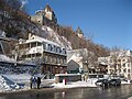 The southern end of the street, at its junction with Boulevard Champlain, with the Château Frontenac above