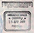 British entry stamp issued by the UK Border Agency at Calais-Fréthun station.