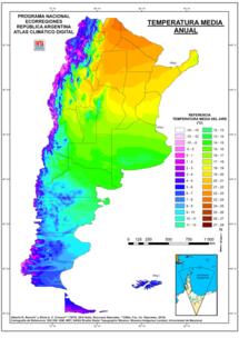 Map showing mean temperatures in Argentina (including the Falkland Islands). Mean annual temperatures range from more than 22 °C (71.6 °F) in the center north to between 4 °C (39.2 °F) in the south and extreme western parts of the country. Temperatures generally decrease southwards and westwards owing to a higher latitude and altitude.