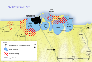 A colour map of Allied dispositions and German drop zones around Heraklion