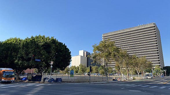 NW corner of 1st/Spring, 2020, an empty lot. Back right: County Courthouse (1972)