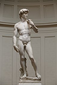 David, by Michelangelo, 1501–1504. The shoulders of the figure are seen to angle in one direction, the pelvis in another.
