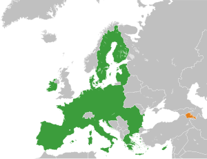 Mapa indicando localização da Armênia e da União Europeia.