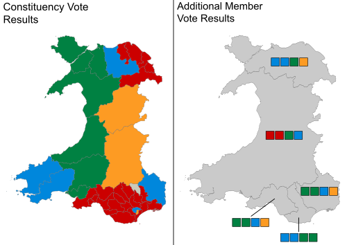 A map showing the constituency winners of the election by their party colours.