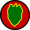 A red circle with a black outline containing a green leaf shape with a yellow outline