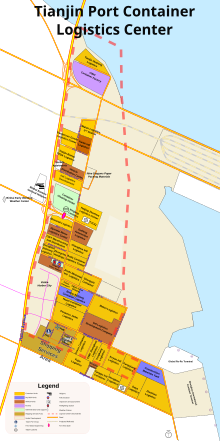 map of a long, north to south container park with an asymmetrical grid of roads, and three dozen or so container and cargo yards marked out