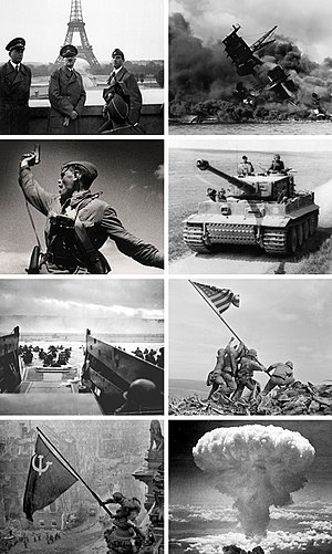 Сол жақ баған (жоғарыдан төмен): Гитлер Эйфель мұнарасының аясында, 1940 жыл. маусым; Макс Альперттің "Комбат" фотосы-кеңес офицері 1942 жылдың шілдесіндегі шабуылда жауынгерлерді көтереді; американдық 1-ші жаяу әскер дивизиясының әскерлерін Омаха жағажайына қондыру, 1944 ж. 6 маусым; Рейхстагтың төбесіне кеңес туын орнату, 1945 ж. Мамыр. Оң жақ баған (жоғарыдан төмен): Перл-Харборға шабуылдан кейін батып бара жатқан американдық "Аризона" Әскери-теңіз кемесі, 1941 жылғы 7 желтоқсан; Францияның солтүстігіндегі неміс "Tiger I" танкісі, 1944 ж. наурыз; 1945 ж. 23 ақпанда Иводзиманың үстіне жалауша салу; Нагасаки үстіндегі ядролық саңырауқұлақ, 1945 ж. 9 тамыз.
