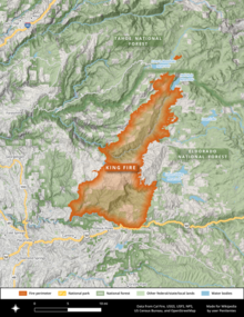 The footprint of the King Fire, west of Lake Tahoe and north of U.S. Route 50