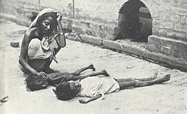 A healthy young Indian woman wearing traditional Indian clothing sits on her haunches in a street, tenderly touching the smaller of two very emaciated, dead or dying children. Her facial expression is sad and concerned.