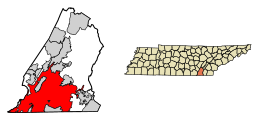 Location of Chattanooga in Hamilton County, Tennessee