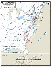 West Point Military Academy MAP of America east of the Mississippi River. Campaigns noted in New England; in the middle colonies with three British (red sailing ship) naval victories; in the South with two British naval victories, and in Virginia with one French (blue sailing ship) naval victory. A Timeline bar graph below shows almost all British (red bar) victories on the left in the first half of the war, and almost all US (blue bar) victories on the right in the second half of the war.