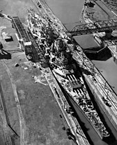 The USS Missouri fitting tightly in a canal lock