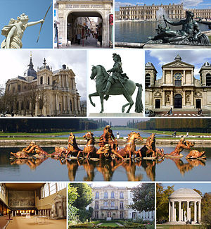 From top left to bottom right: Le Soir ("The Evening" in the gardens of Versailles); rue des Deux-Portes; the ویغسائی محل taken from the gardens; Versailles Cathedral; equestrian statue of لوئی چودہواں, place d'Armes, in front of the Château; Church of Notre-Dame, Versailles, parish church of the Château; the bassin d'Apollon in the gardens of Versailles; la salle du Jeu de paume (where the Tennis Court Oath was signed); the Musée Lambinet (municipal museum of Versailles); the Temple de l'Amour ("Temple of Love", garden of the Petit Trianon)