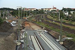 Leipzig-Dresden freight yard looking east prior to the pivoting the mainline tracks, 3 August 2014