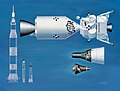 Drawings of Mercury, Gemini capsules and Apollo spacecraft, with their launch vehicles