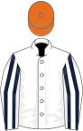 White, dark blue striped sleeves, orange cap