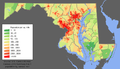 Image 25Maryland population distribution map; Maryland's population is concentrated mostly in the Washington–Baltimore combined statistical area. (from Maryland)