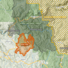 The footprint of the Oak Fire is shown in orange against the Sierra National Forest in green. Yosemite National Park is shown well east, in golden stripes.