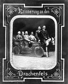 Schwarzschild, third from left in the automobile; possibly during the Fifth Conference of the International Union for Co-operation in Solar Research, held in Bonn, Germany