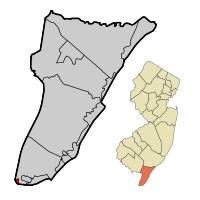 Location of Cape May Point in Cape May County highlighted in red (left). Inset map: Location of Cape May County in New Jersey highlighted in orange (right).