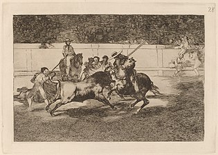 Νο. 28: El esforzado Rendón picando un toro, de cuya suerte murió en plaza de Madrid ("The vigorous Rendón stings a bull, who luckily died in Madrid's plaza")