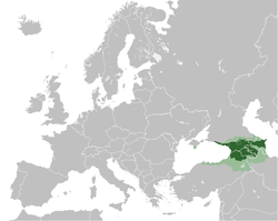 Kingdom of Georgia in c. 1220, at the peak of its territorial expansion, superimposed on modern borders.