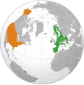 Deutsch: Beziehungen zwischen der Europäischen Union und den Vereinigten Staaten English: A map showing the US and EU on both sides of the Atlantic Ocean Español: Asociación Transatlántica para el Comercio y la Inversión Français : L'UE et les États-Unis