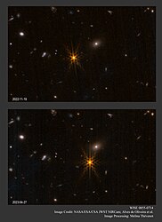 JWST NIRCam observation of W0855 (orange "star" at the center) showing the movement over about half a year.