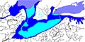 Light blue is modern lakes, dark blue and light blue are the prehistoric lake. Purple is the modern lakebed buried under the ice sheet. Simplified version of USGS (Leverett-Taylor) Lake Warren Map 1908